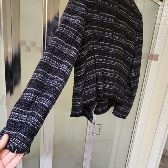 Adrienne Vittadini Fringed Tweed Open Front Crop Waist Jacket Blaze Size Large - Picture 8 of 9